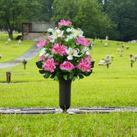 Sympathy Silks Artificial Cemetery Flowers - Outdoor Grave Decorations - (1) Pink Dahlia Pink Rose with White Orchid Mix Bouquet (1) Cemetery Vase