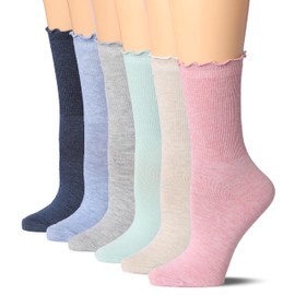 Tipi Toe Womens 6 Pairs Harmonious Neutral-Vibrance Crew Length Turn-Cuff Solid Lettuce Edge Lace Ruffle Socks, 1126-6