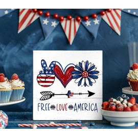 JXREQ Patriotic Tiered Tray Decor Wood Box Sign, Red White Blue Decor, Farmhouse Rustic Wooden Block Independence Day Home Decorations, Free Love America 4th of July Decorations, 5x5 Inch