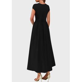 PRETTYGARDEN Women's 2025 Summer Casual Long Dresses Cap Sleeve Patchwork A Line Flowy Modest Elegant Homecoming Maxi Dress (Black,X-Large)