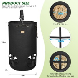 HAYSRMAN Hay Bags for Horses, Large Capacity Slow Feeder with Adjustable Top Opening, 4 Holes for Sheep, Goats, Donkeys