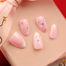 French Tip Press on Nails Short Almond Fake Nails Rhinestone Snowflake Acrylic Nails Press ons Winter Xmas False Nails Glossy Glue on Nails for Women Girls 24Pcs