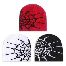 3 Pcs Y2k Beanies Spider Web Pattern Beanie Gothic Acrylic Knitted Hat Casual Streetwear Outdoor for Men Women· Multi