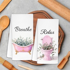 ZOFGUO Sage Green Eucalyptus Bathroom Hand Towels Set of 2, Breathe Relax Pink Bathtub Toilet Decorative Hand Towels for Girls Bathroom Spa Gym Yoga, 16x24 Inch