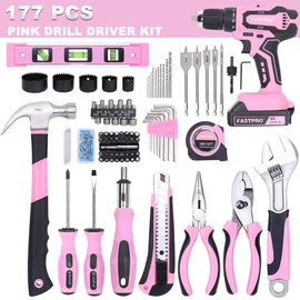 FASTPRO 177-Piece 20V Pink Cordless Lithium-ion Drill Driver and Home Tool Set, Lady's Home Repairing Tool Kit with Drill in Storage Case