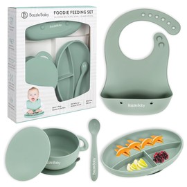 Silicone Baby Feeding Set – Led Weaning Supplies with Suction Plate, Waterproof Bowl with Lid, Bib & Spoon – Baby Feeding Essentials for 6-12 Months, Plates and Utensils Set (Sage)