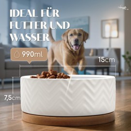 FREUDENTIER Ceramic Dog Bowl with Bamboo Base - 990 ml - Non-Slip & Dishwasher Safe - Modern Feeding Bowl for Large Dogs and Small Dogs (White, 1x)
