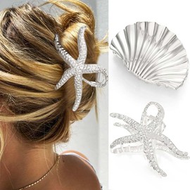 CAKURE Starfish Hair Claw Clips Seashell Hair Clip Large Claw Clips Gold Hair Accessories for Women (Pack of 2) (b-silver)