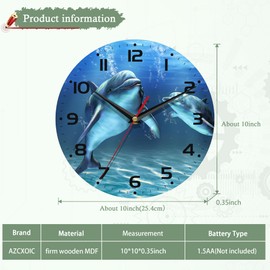 AZCXOIC Ocean Wall Clocks,Dolphin Wall Clock Decorative,Ocean Thema Kitchen Wall Clock Battery Operated-10 Inch Round Bathroom Wall Clock Silent Non-Ticking