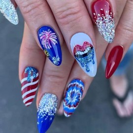 4th of July Press on Nails Short Almond Independence Day Fake Nails with Red Blue Glitter Fireworks Design Fireworks Glue on False Nail Patriotic Lips French Tip Artificial Stick on Nail for Women