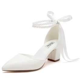 Winflag Pearl Wedding Shoes for Bride Block Heel Bridal Shoes Pointed Toe Wedding Heels-Ivory-6cm-8.5