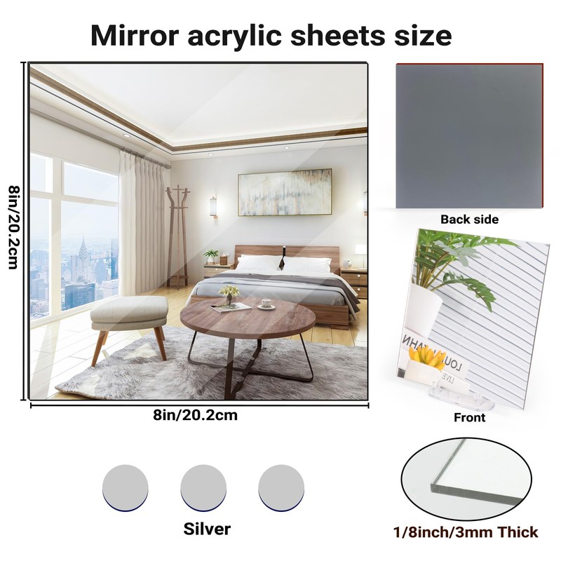Adrattnay Silver Acrylic Mirror Sheets 1/8 Thick, 3Pack 8"x 8"