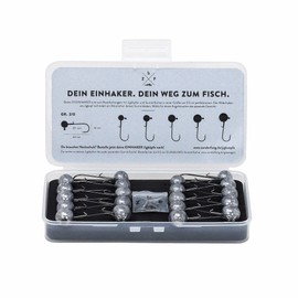 Zanderfang Jig Heads Set Jig Hooks - Fishing Hooks Size 2/0 for Rubber Fish 8 cm to 11 cm - 20 Lead Heads Box Set - 10 Snaps for Fishing - Heavy Jigs 15g 17g 20g 22g 25g