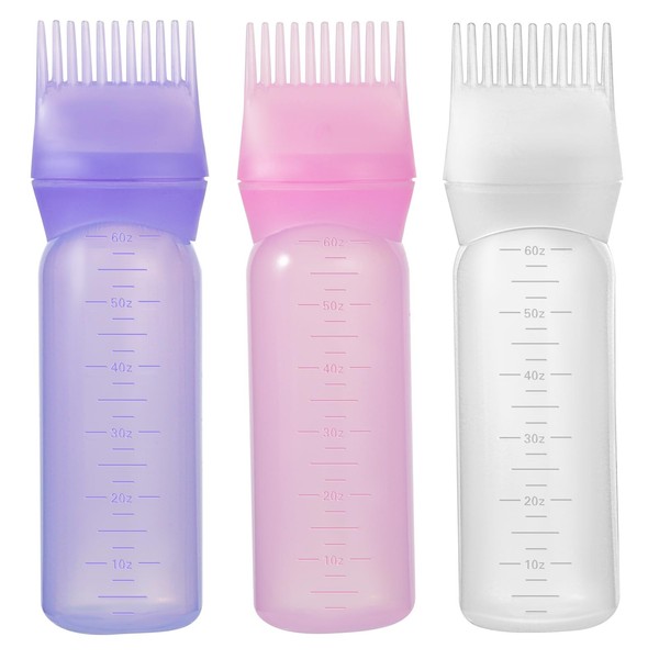 Root Comb Applicator Bottle 6 Ounce Oil Applicator for Hair Dye, 3 Pack Hair Coloring Brush Bottle with Graduated Scale(Pink, Purple, White)
