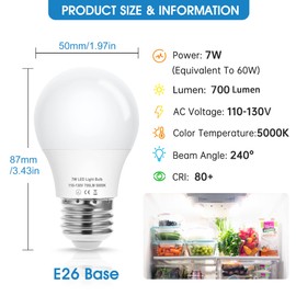 EvaStary 60W Equivalent Refrigerator Light Bulb, 7W 120V A15 Fridge Waterproof Appliance Fridge Light Bulbs, E26 Daylight White 5000K 700 Lumen for Home Bathroom Kitchen Lamp, Non-Dimmable, 2 Pack