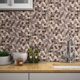 Decopus Metal Tile Backsplash with Retro Look - (Hexagon Copper Brown 10Pack Metallic Peel and Stick, DIY Wall Modelling - Luxury Style, Affordable for Kitchen, Bathroom, Stairway, Mirrors