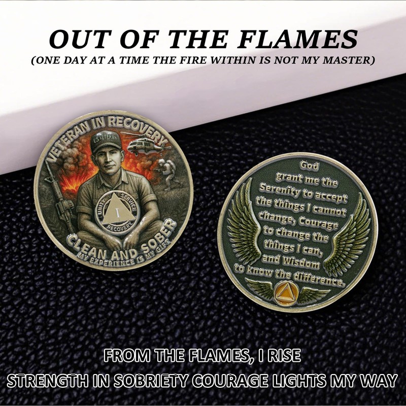 Veteran 1 Year Sobriety Coin, Clean & Sober AA Chips