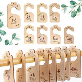 8 Pcs Wooden Baby Closet Dividers, CAASFOOY Wooden Newborn Wardrobe Divider by Month, Double-Sided Beautiful Month Wooden Baby Closet Dividers Organizers