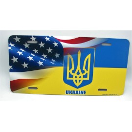 DIGIART INTERNATIONAL UKRAINE UKRAINIAN FLAG AMERICAN FLAG METAL CAR NOVELTY LICENSE PLATE TRYZUB