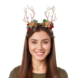 Makone Christmas Headband Christmas Reindeer Antlers Headband Flower Crown Hair Hoops with Pine Cones Red Berry Elk Deer Headwear Woodland Headband for Women Girls Party Cosplay Photo Props Supplies