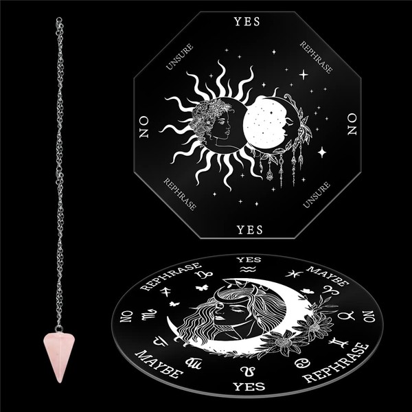 CRASPIRE Pendulum Board Mini Dowsing Divination Board 5.5'' Acrylic Sun Moon Metaphysical Message Board with Crystal Dowsing Pendulum Altar Witchcraft Witch Stuff Supplies Kit