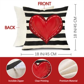 Fjfz Valentine's Day Red Love Heart Decorative Throw Pillow Covers 18x18 Set of 4, Black White Buffalo Plaid Check Stripes Porch Outdoor Home Decor, Anniversary Wedding Holiday Farmhouse Cushion Case