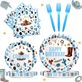 Hombae Cowboy Party Supplies Tableware Set, Cowboy Party Decorations, Western Rodeo Wild West Birthday Party Decorations, Cowboy Theme Plates, Napkins, Forks, Serves 24 Guests