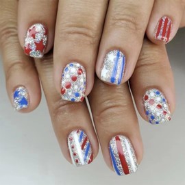 4th of July Press on Nails Short Square Fake Nails with Glitter Stars Designs Silver Nails Press ons Red Glue on Nails Independence Day False Nails Blue Acrylic Nails Stick on Nails for Women 24Pcs