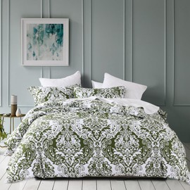 Quilta Green Duvet Cover King - 100% Cotton Prewashed Duvet Cover Set 104"x90", Damask 3pcs, Zipper Closure & 8 Corner Ties, Comforter Not Included, Green/White