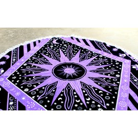 Round Beach Tapestry Turquoise Mandala Throw/Boho Hippie Beach Blanket Roundie/Indian Cotton Bohemian Large Round Table Cloth-Home Decor/Yoga Mat Meditation Picnic Rug (42", Purple)