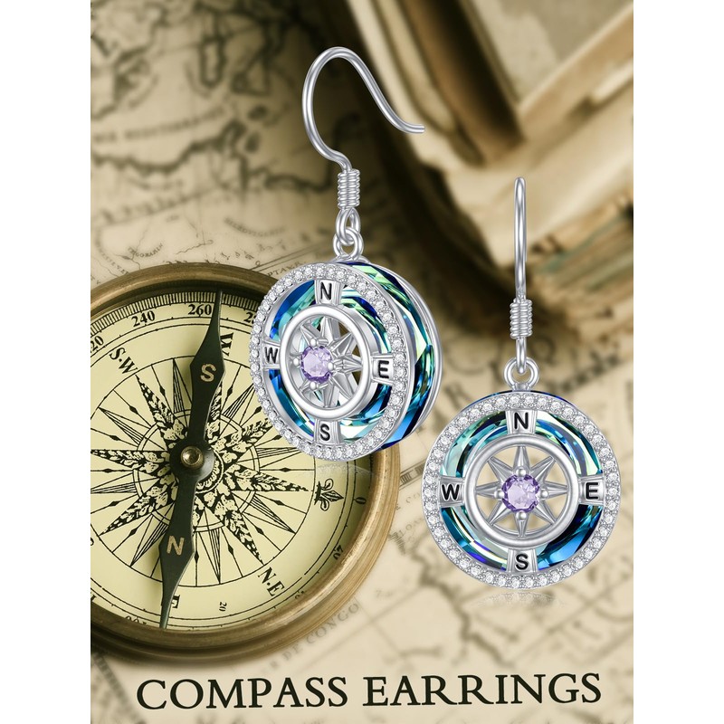 TOUPOP Birthstone Earrings for Women Sterling Silver Compass Dangle Earrings