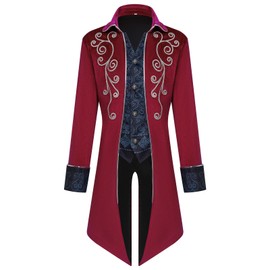 AFJIODUV Steampunk Tailcoat Coat, Victorian Vintage Gothic Tailcoat Coat, Medieval Renaissance Men's Steampunk Vintage Jacket Party Cosplay Men's Costumes for Adults (Red, L)