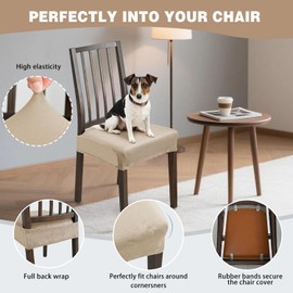 KELUINA Dining Chair Seat Covers, Stretch Velvet Chair Seat Slipcovers Protector, Removable Washable Kitchen Chair Covers for Dining Room Chairs (Set of 2, Khaki)