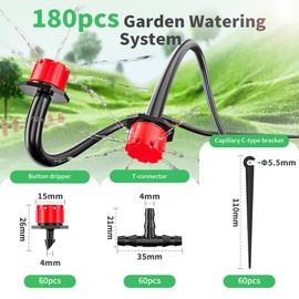 Forever Speed 180Pcs Automatic Drip Irrigation Kit,Garden Irrigation Systems,Including Adjustable Micro Dripper,Tee-Connector,Hose Support Stakes for 4/7mm Hose Irrigation System