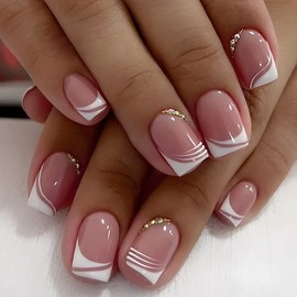 White French Press on Nails Short Square Fake Nails Valentine's Day False Nails with Rhinestone Glossy Design Nude Pink Acrylic Nails Cute Glue on Nails Full Cover Stick on Nails for Women 24 Pcs