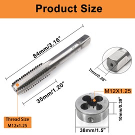 M12 x 1.25mm Metric Tap and Die Set, Thread Screw Tap and Round Threading Dies Straight Fluted Fine Thread Tap and Die Kit Right Hand Threading Tapping Tools for Repair 3pcs
