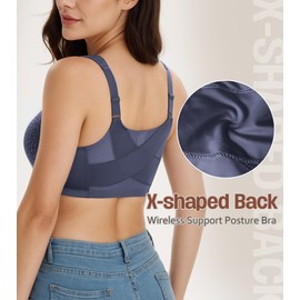 HACI Women's Front Closure Full Coverage Back Support Posture Bra Wireless Comfy(Blue,40B)