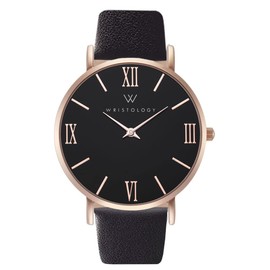 Wristology Roman Numerals Boyfriend Black Face Watch with Black Leather Band - Interchangeable Genuine Leather Strap - Large Easy Read Analog Face for Women, Men, Unisex Stella