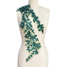 PLune Handmade Shining Acrylic Rhinestones on lace Applique Sewing Beads Stones Trim Patches Accessories for Wedding Dress (Deepgreen Right)