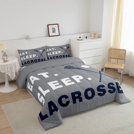 Feelyou Lacrosse Comforter Set Queen Size Boys Gilrs Ball Sports Theme Bedding Set for Kids Adults Ultra Soft Lacrosse Player Games Comforter Gray Duvet Set Room Decor Quilt Set