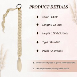 2 Packs Blond Long Braided Ponytail Extensions with Hair Ties Natural Soft Synthetic Hair Piece for Black Women Straight Wrap Around Hair Extensions Ponytail