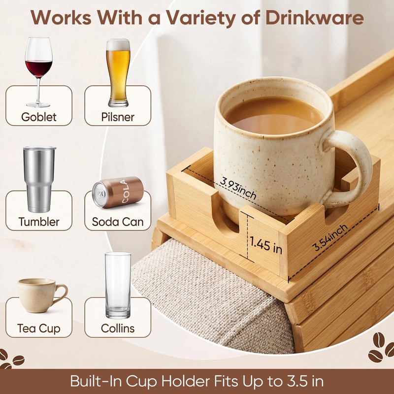 Bamboo Couch Arm Tray Table with Built-in Cup Holder, Foldable