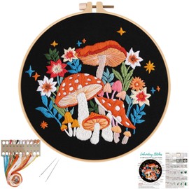 Mushroom Embroidery Kits for Beginners with Art Night Pattern,Adults Starter Cross Stitch Kit DIY Needlepoint