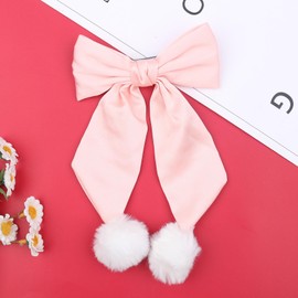 HIFANMM Christmas Bow Hair Clip Pink Big Bow Hair Clips for Girls, Long Tail Pom-Pom Hairpins Hair Cute Pink Silk Alligator Hair Barrettes Winter Xmas New Year Party Decor Accessories