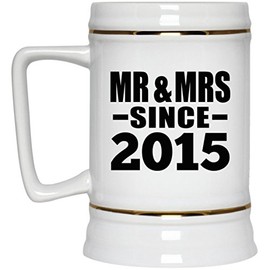 Designsify Gifts, 9th Anniversary Mr & Mrs Since 2015, 22oz Beer Stein Ceramic Tankard Mug with Handle for Freezer, for Birthday Mothers Day Fathers Day Parents Day Party, to Men Women Him Her Friend