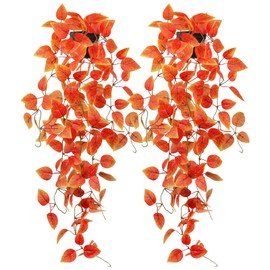 2 Pack Artificial Fall Plants Hanging Orange Vines Potted Fall Foliage Fake Pothos Trailing Plant Autumn Decoration for Indoor Outdoor Thanksgiving Bathroom Wall Kitchen Room Shelf Decor (Black Pot)