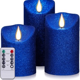 Retisee Set of 3 Blue Glitter Flameless Candles with Remote and Timer, Chrismas Battery Operated Piller Candles, 4" 5" 6" Flickering Real Wax LED Candle for Chrismas Wedding Party Home Decor