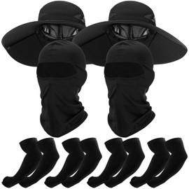 Chicingyou 8 Pcs UV Protection Set 2 Wide Brim Bucket Sun Hat 2 Balaclava Face Breathable Mask 4 Pairs Cooling Compression Arm Sleeves for Men Women Fishing Hiking Camping (Black)