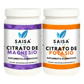 Citrato De Magnesio Y Citrato De Potasio 500 Cápsulas C/u | Suplemento Alimenticio | Saisa Herbal Sin sabor | Alta biodisponibilidad | Apoyo del sueño, Ayuda a fortalecer musculos, Vitalidad