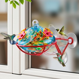 Window Hummingbird Feeder - Hand Blown Glass Mounted Hummingbird Feeder with Strong Suction Cups for Outdoor Window Mount (Blue)